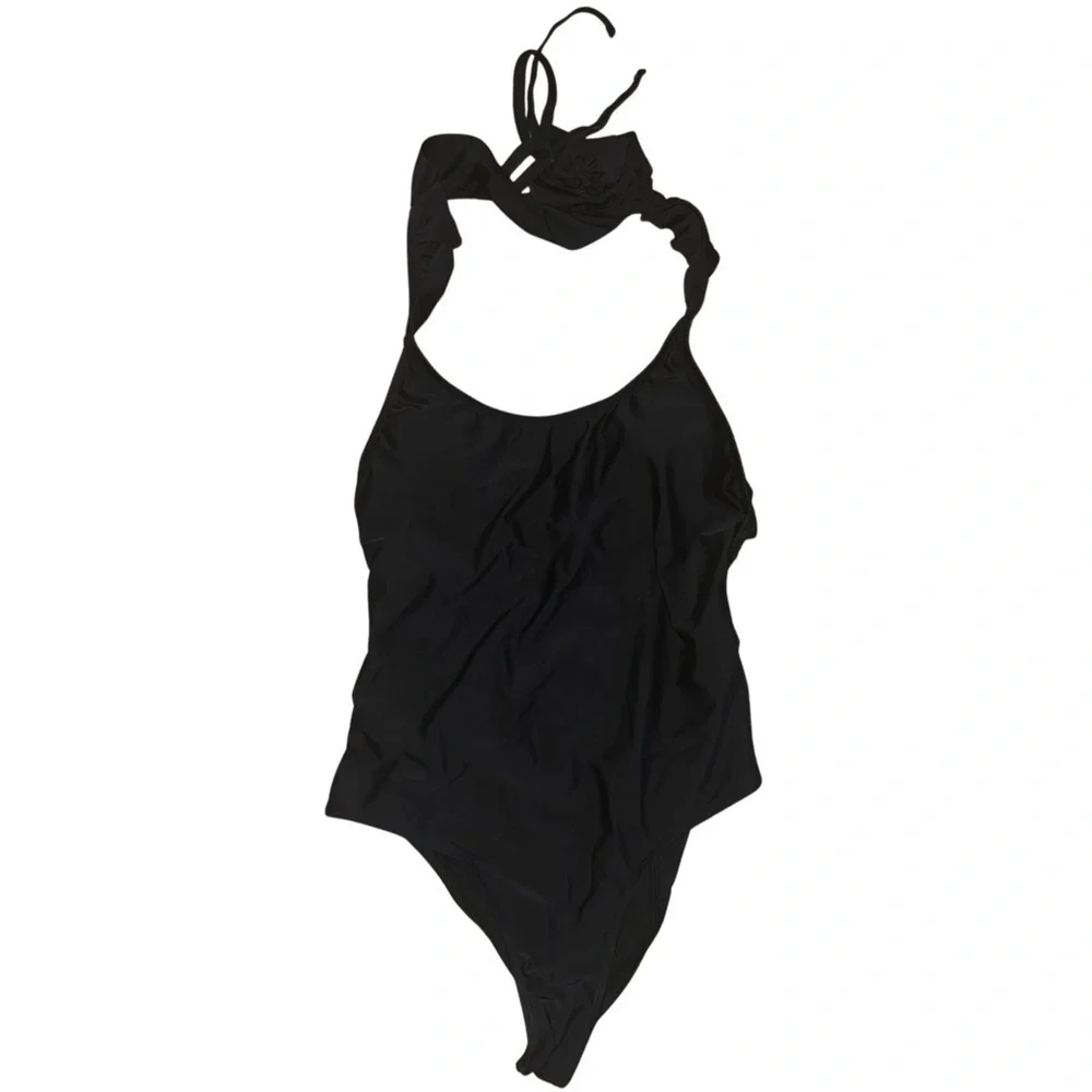 Black Ruffled Strap One Piece Cheeky Swimsuit Size Large